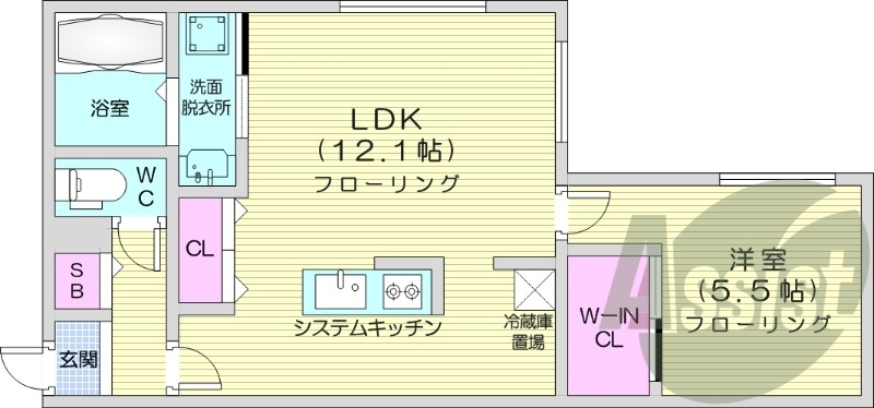 1LDK、エアコン、都市ガス、システムキッチン