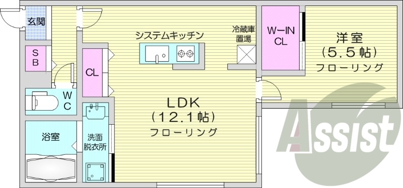 1LDK、エアコン、都市ガス、システムキッチン
