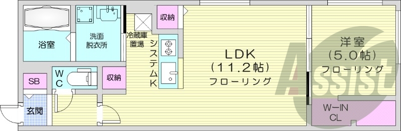 1LDK、エアコン、都市ガス、システムキッチン