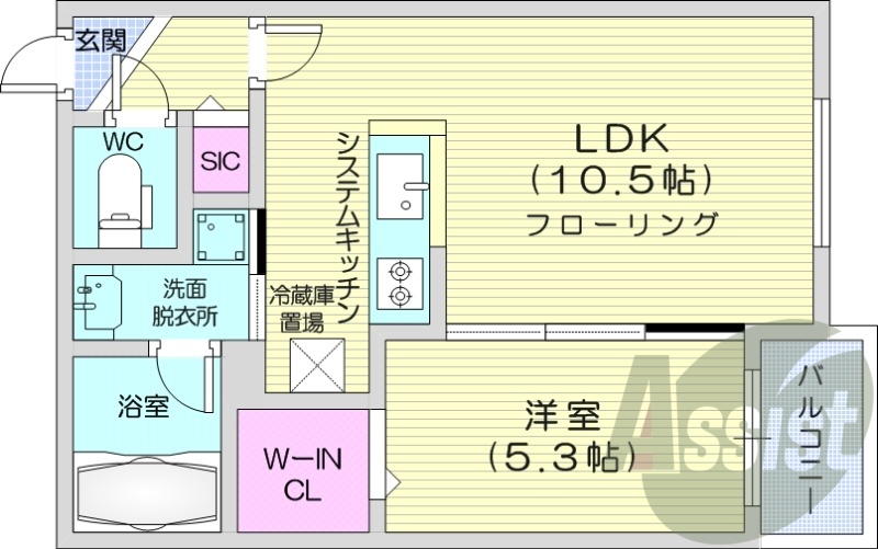 1LDK、エアコン、都市ガス、システムキッチン