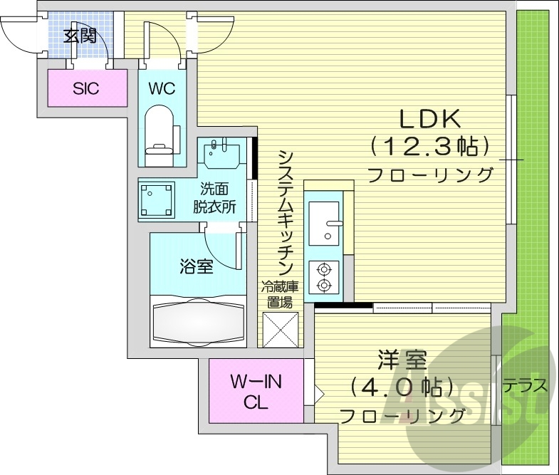 1LDK、エアコン、都市ガス、システムキッチン