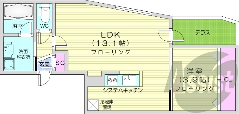 1LDK、エアコン、都市ガス、システムキッチン