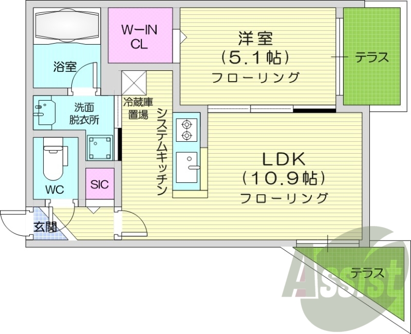 1LDK、エアコン、都市ガス、システムキッチン