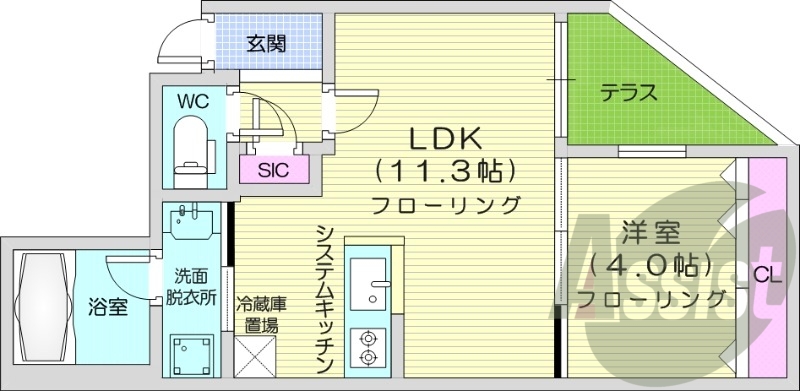 1LDK、エアコン、都市ガス、システムキッチン