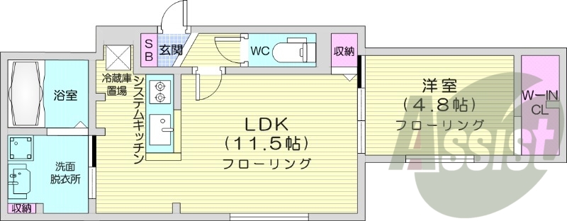 1LDK、エアコン、都市ガス、システムキッチン