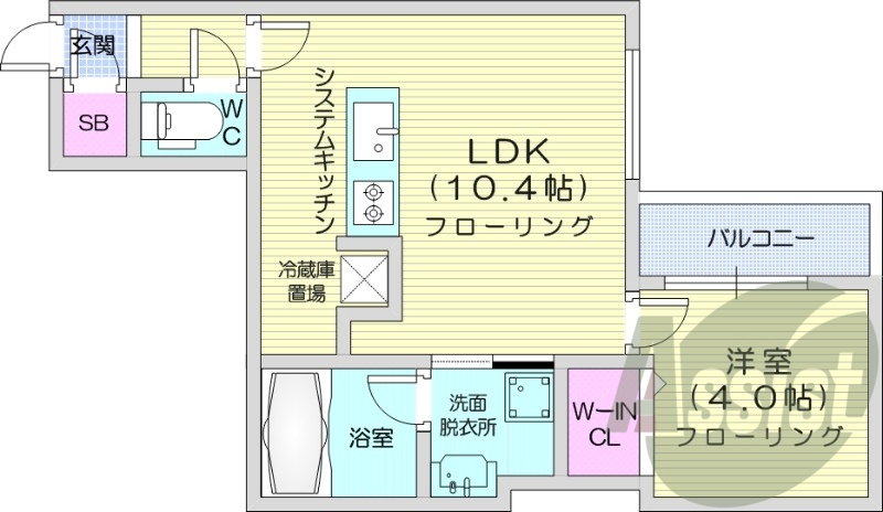 1LDK、エアコン、都市ガス、ネット無料