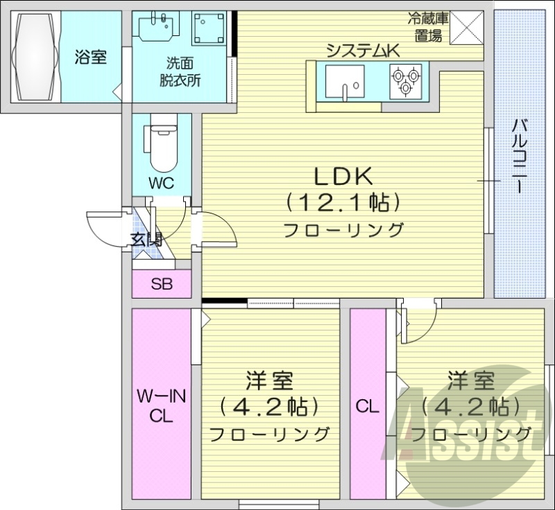 2LDK、エアコン、都市ガス、ネット無料