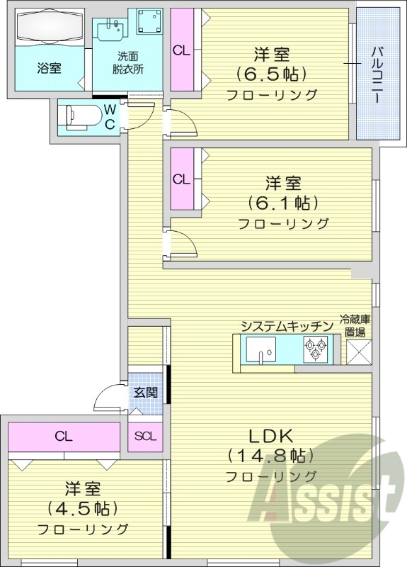 3LDK、エアコン、都市ガス、ペット可、ネット無料