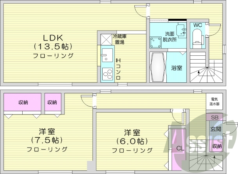 2LDK、戸建、エアコン、独立洗面台、バストイレ別