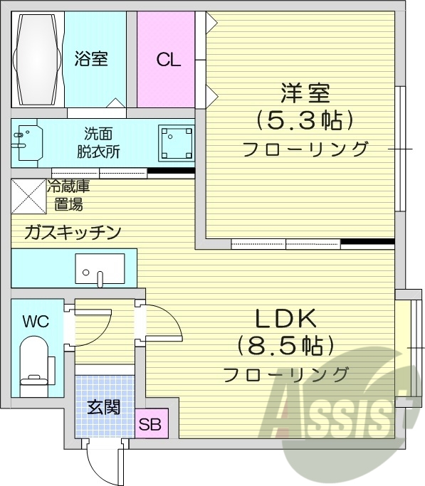 1LDK、エアコン、独立洗面台、ガスキッチン、トランクルーム