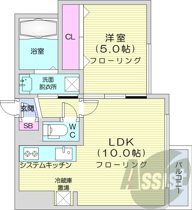 1LDK、クローゼット、都市ガス、洗面脱衣所、対面キッチン