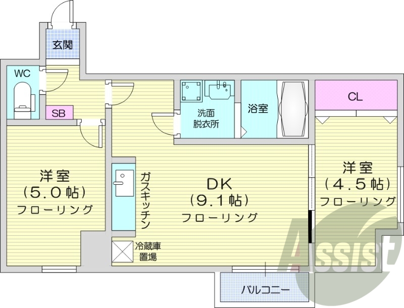 2LDK、バストイレ別、オートロック、エアコン