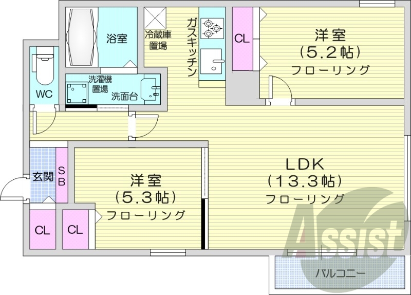 2LDK、都市ガス、ネット無料、エアコン付、追焚き、浴室乾燥