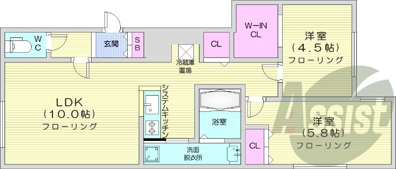 2LDK、エアコン、システムキッチン、追い焚き