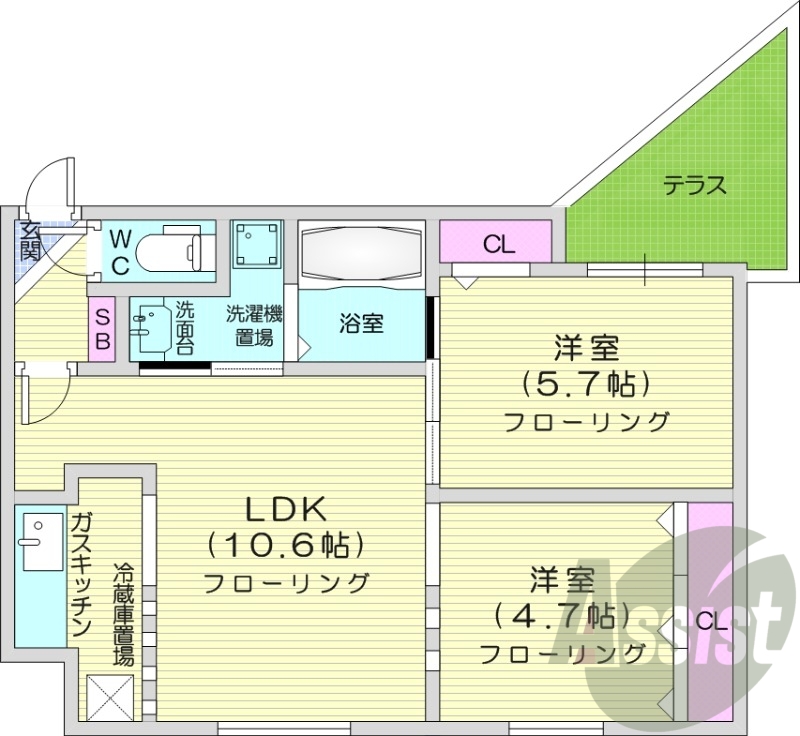 2LDK、角部屋、オートロック、エアコン、灯油FF暖房