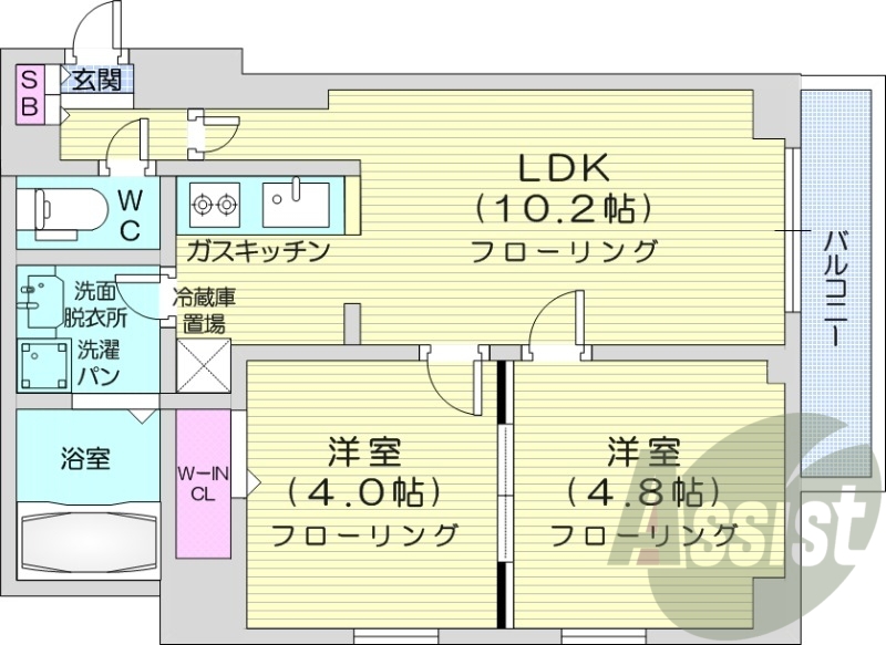 2LDK、都市ガス、オートロック、バルコニー