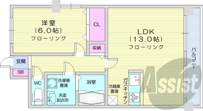 1LDK、都市ガス、システムキッチン、クローゼット