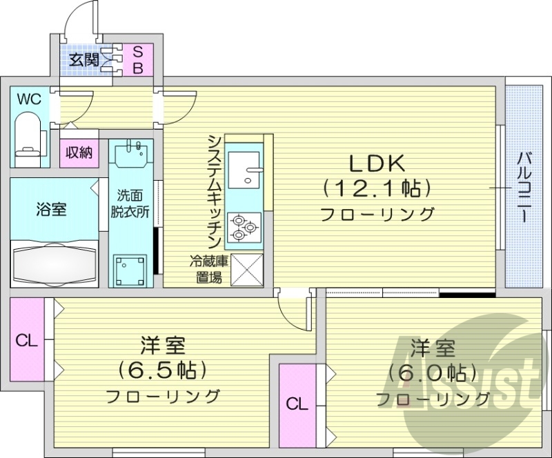 2LDK、都市ガス、追い焚き、エアコン、システムキッチン