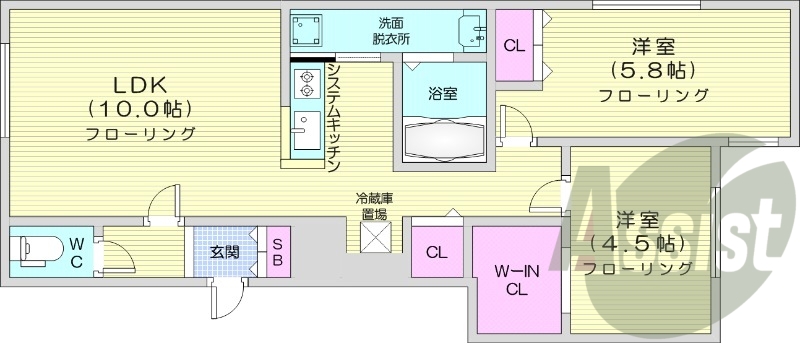 2LDK、エアコン、システムキッチン、追い焚き