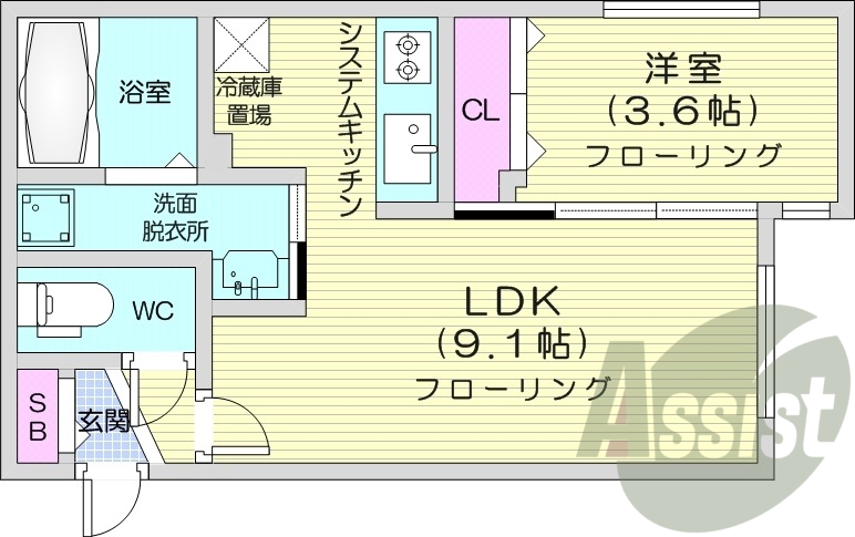 1LDＫ、エアコン、システムキッチン、ペット可