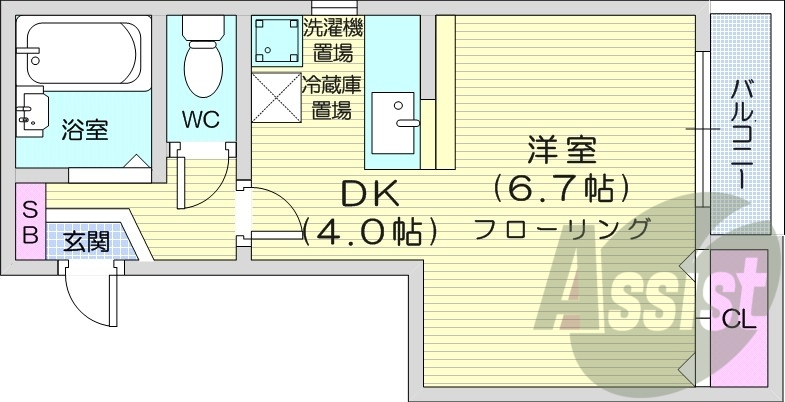 1DK、ガスFF暖房、バルコニー、対面キッチン