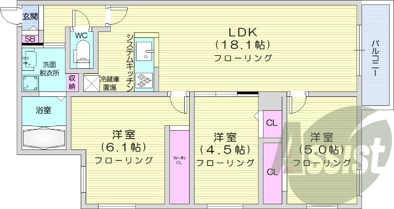3LDK、エアコン、ペット可、システムキッチン