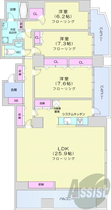 3LDK、バルコニー、クローゼット、追い焚き、浴室乾燥機