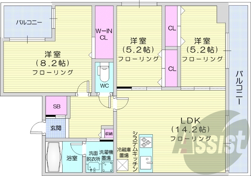 3LDK、角部屋、都市ガス、エアコン、追い炊き