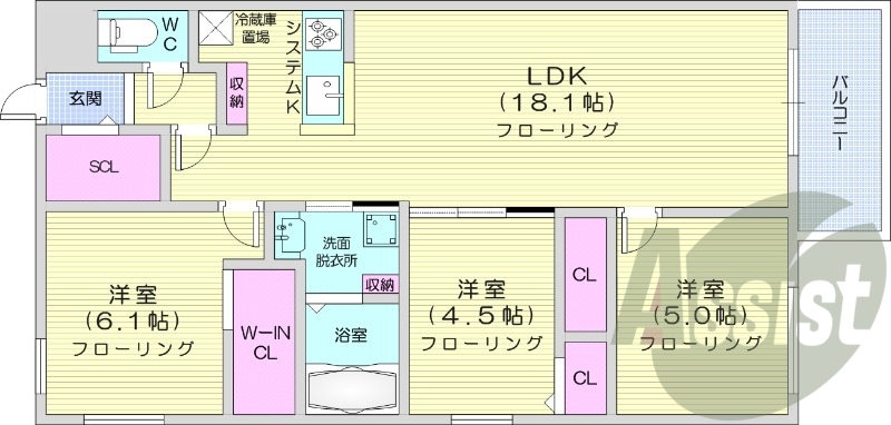 3LDK、エアコン、ペット可、システムキッチン