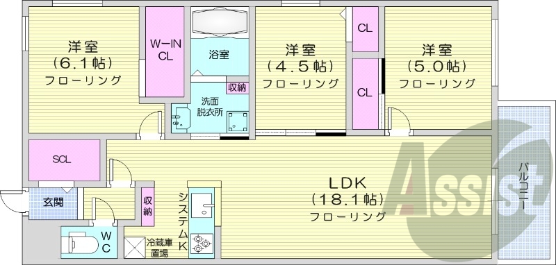 3LDK、エアコン、ペット可、システムキッチン