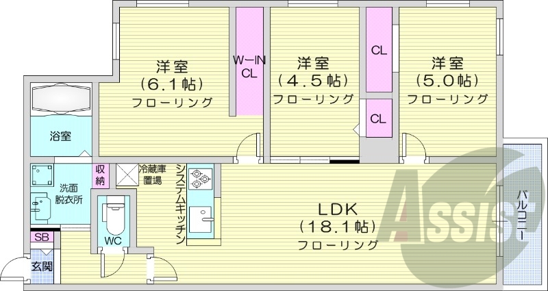 3LDK、エアコン、ペット可、システムキッチン
