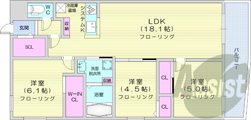 3LDK、エアコン、ペット可、システムキッチン