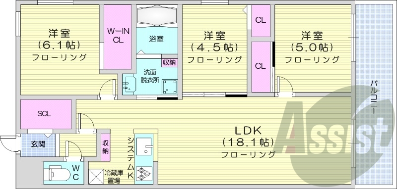 3LDK、エアコン、ペット可、システムキッチン