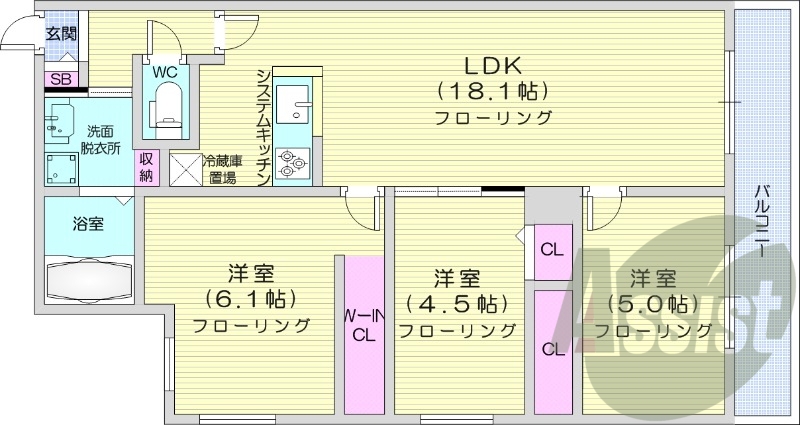 3LDK、エアコン、ペット可、システムキッチン