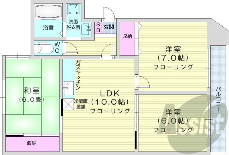3LDK、都市ガス、エアコン、独立洗面台