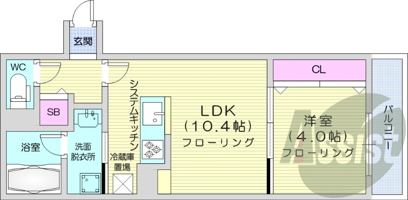 1LDK、エアコン、都市ガス、システムキッチン