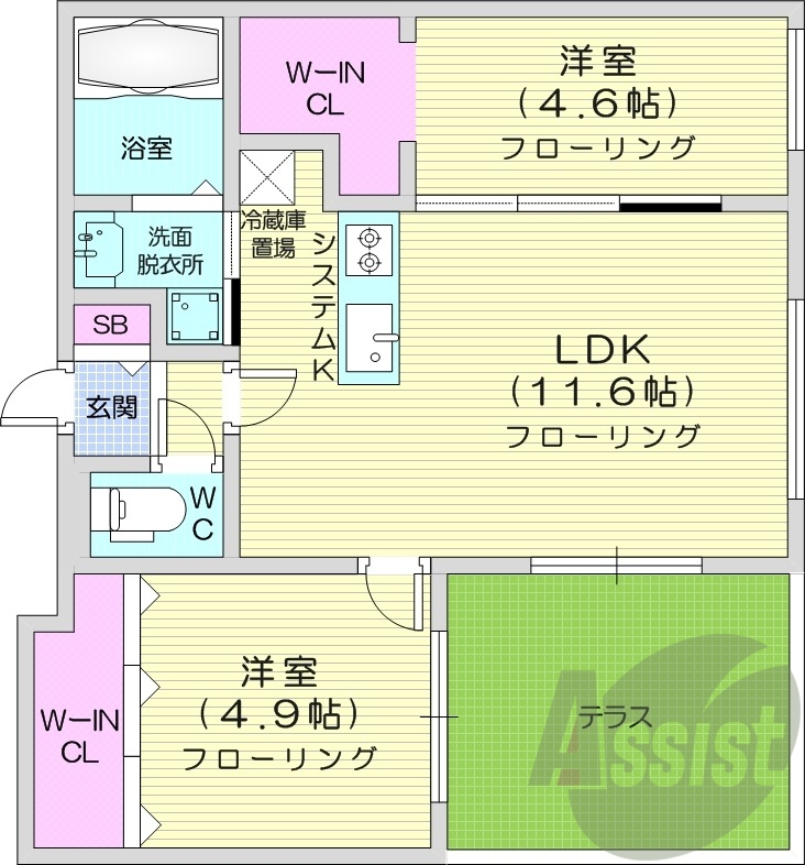 2LDK、エアコン、都市ガス、追い焚き