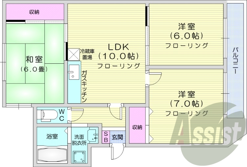 3LDK、都市ガス、エアコン、独立洗面台