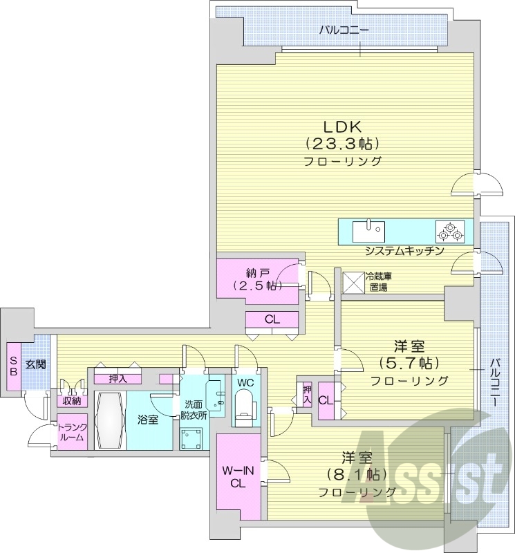 2LDK、都市ガス、エアコン、システムキッチン