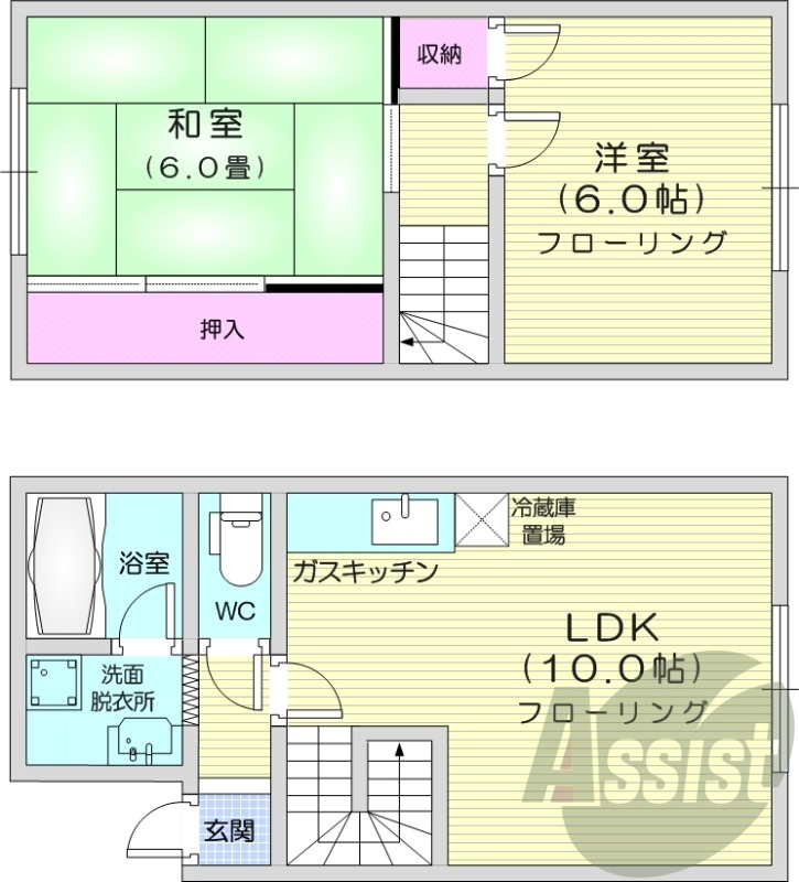 2LDK、メゾネット、独立洗面台、灯油暖房