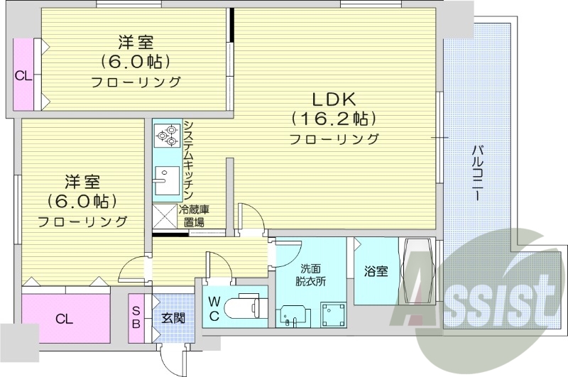 2LDK、都市ガス、システムキッチン