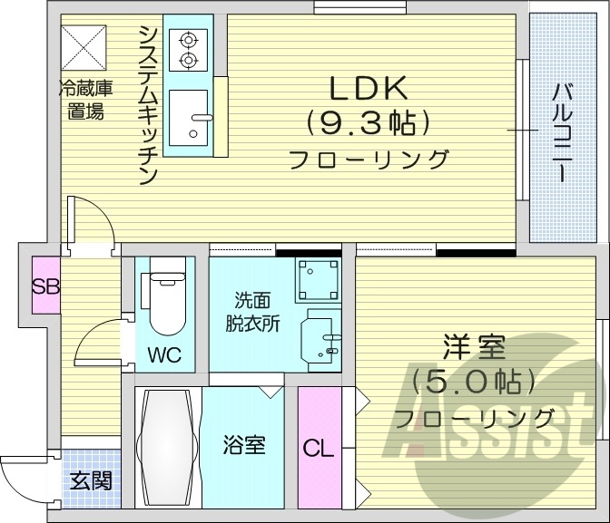 1LDK、都市ガス、エアコン、システムキッチン