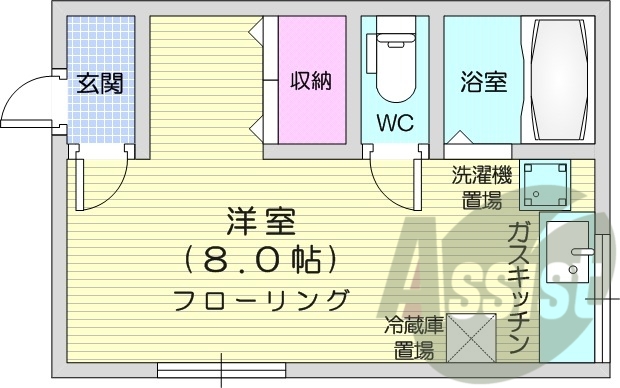 1R、シャワートイレ、宅配ボックス、バス・トイレ別