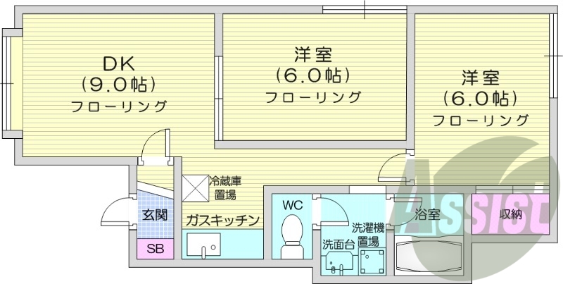 2DK、灯油暖房、独立洗面台、無料駐車場付き
