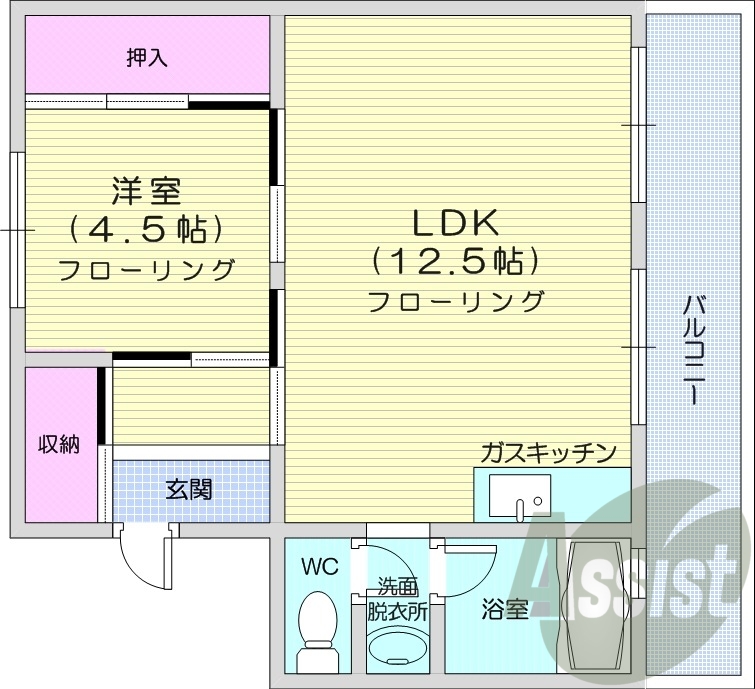 １LDK、エアコン、都市ガス、バス・トイレ別