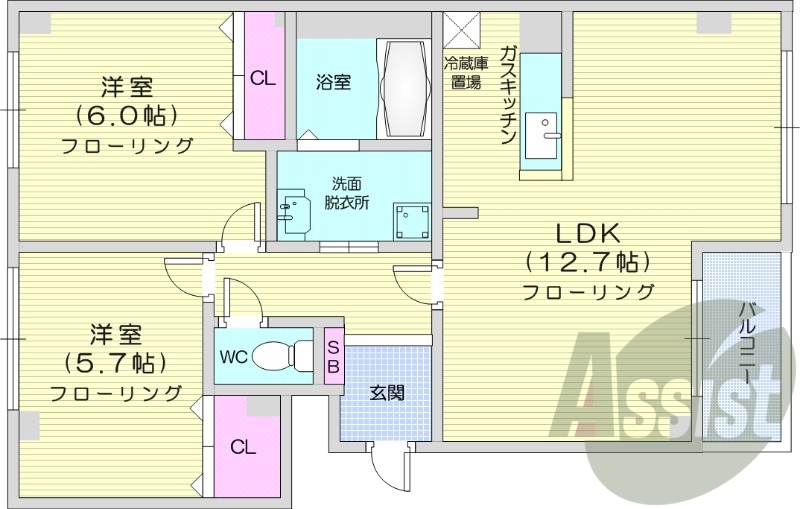 2LDK、洗面化粧台、インターネット無料、バストイレ別