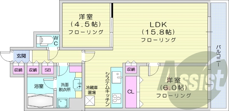 2LDK、オートロック、オール電化、システムキッチン
