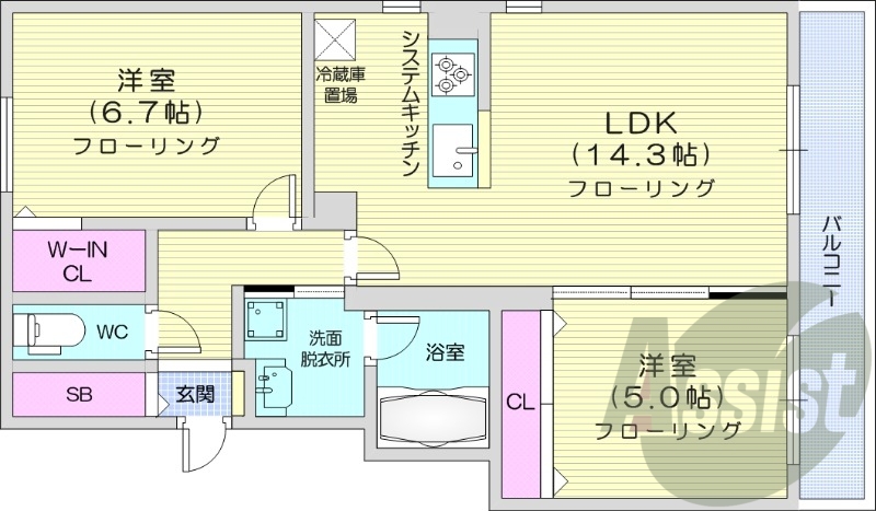 2LDK、都市ガス、エアコン、システムキッチン