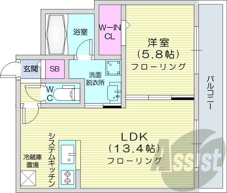 1LDK、都市ガス、エアコン、システムキッチン