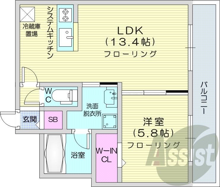 1LDK、都市ガス、エアコン、システムキッチン